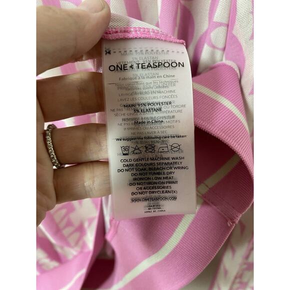 One Teaspoon Mesh Top XSMALL(Runs Big) Pink White Logo Sheer Long Sleeve - Picture 6 of 6